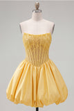 Strapless Corset Yellow Beaded A Line Homecoming Dress