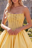 Strapless Corset Yellow Beaded A Line Homecoming Dress