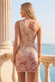 Sparkly One Shoulder Gold and Pink Bodycon Sequin Homecoming Dress