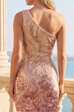 Sparkly One Shoulder Gold and Pink Bodycon Sequin Homecoming Dress
