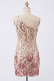 Sparkly One Shoulder Gold and Pink Bodycon Sequin Homecoming Dress