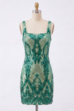 Sparkly Square Neck Dark Green Bodycon Sequin Homecoming Dress
