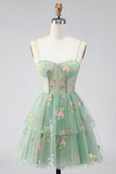 A-Line Corset Dusty Sage Tulle Floral Homecoming Dress with Bow