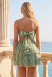 A-Line Corset Dusty Sage Tulle Floral Homecoming Dress with Bow