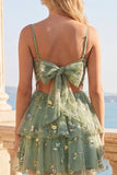 A-Line Corset Dusty Sage Tulle Floral Homecoming Dress with Bow