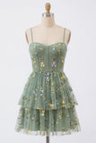 A-Line Corset Dusty Sage Tulle Floral Homecoming Dress with Bow