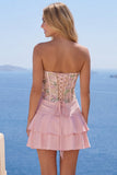 A-Line Spaghetti Straps Pink Floral Ruffled Homecoming Dress