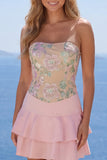 A-Line Spaghetti Straps Pink Floral Ruffled Homecoming Dress