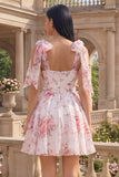 White Pink Floral A-Line Chiffon Homecoming Dress