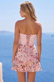 Strapless Corset Pink A-Line Floral Homecoming Dress with Ruffles