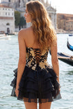Corset Blue and Black Strapless Floral A Line Homecoming Dress