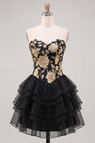 Corset Blue and Black Strapless Floral A Line Homecoming Dress