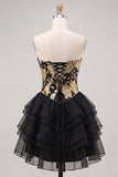 Corset Blue and Black Strapless Floral A Line Homecoming Dress