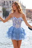 Corset Blue and Black Strapless Floral A Line Homecoming Dress