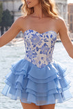 Corset Blue and Black Strapless Floral A Line Homecoming Dress