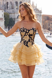 Corset Blue and Black Strapless Floral A Line Homecoming Dress