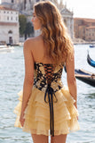 Corset Blue and Black Strapless Floral A Line Homecoming Dress