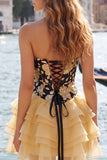 Corset Blue and Black Strapless Floral A Line Homecoming Dress