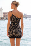 One Shoulder Gold Sparkly Bodycon Homecoming Dress