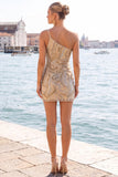 One Shoulder Gold Sparkly Bodycon Homecoming Dress