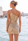 One Shoulder Gold Sparkly Bodycon Homecoming Dress
