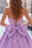 Strapless Corset Lilac Floral A Line Homecoming Dress With Bow