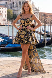 Square Neck Blue and Black Corset A Line Homecoming Dress With Bow