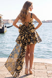 Square Neck Blue and Black Corset A Line Homecoming Dress With Bow