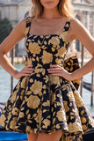 Square Neck Blue and Black Corset A Line Homecoming Dress With Bow