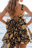 Square Neck Blue and Black Corset A Line Homecoming Dress With Bow