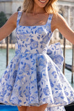 Square Neck Blue and Black Corset A Line Homecoming Dress With Bow