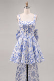 Square Neck Blue and Black Corset A Line Homecoming Dress With Bow