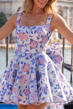 Square Neck Blue and Black Corset A Line Homecoming Dress With Bow