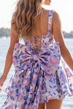 Square Neck Blue and Black Corset A Line Homecoming Dress With Bow