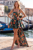 Square Neck Blue and Black Corset A Line Homecoming Dress With Bow