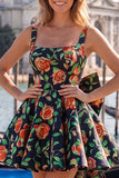 Square Neck Blue and Black Corset A Line Homecoming Dress With Bow