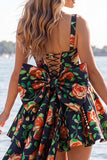 Square Neck Blue and Black Corset A Line Homecoming Dress With Bow