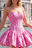 Strapless Corset Hot Pink Brocade A Line Homecoming Dress