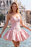 Strapless Corset Hot Pink Brocade A Line Homecoming Dress