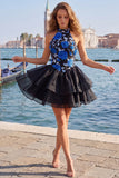Sky Blue Halter Floral A Line Homecoming Dress