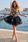 Sky Blue Halter Floral A Line Homecoming Dress
