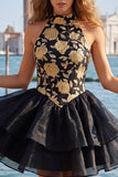Sky Blue Halter Floral A Line Homecoming Dress