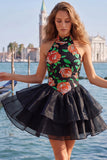 Sky Blue Halter Floral A Line Homecoming Dress