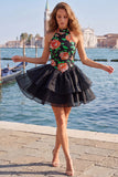 Sky Blue Halter Floral A Line Homecoming Dress