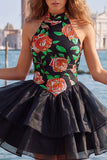 Sky Blue Halter Floral A Line Homecoming Dress