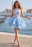Sky Blue Halter Floral A Line Homecoming Dress