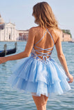 Sky Blue Halter Floral A Line Homecoming Dress