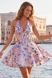 Halter Lilac Cut Out Brocade A Line Homecoming dress