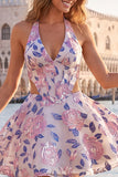 Halter Lilac Cut Out Brocade A Line Homecoming dress