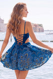 Blue Corset Cut Out Floral Spaghetti Straps Homecoming Dress